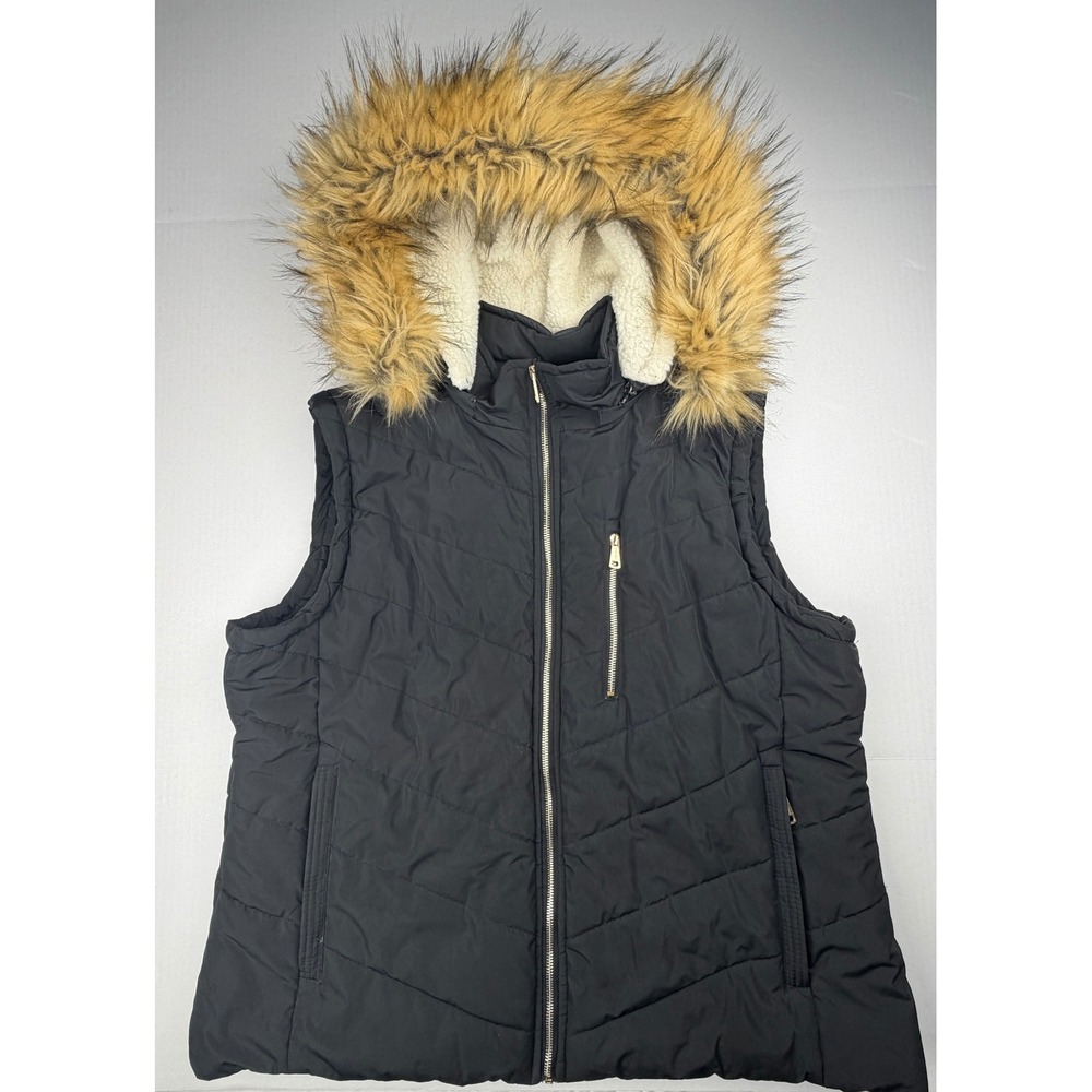 Wantdo Women's 2XL Black Puffer Vest Faux Fur Hood Quilted Winter Plus Size